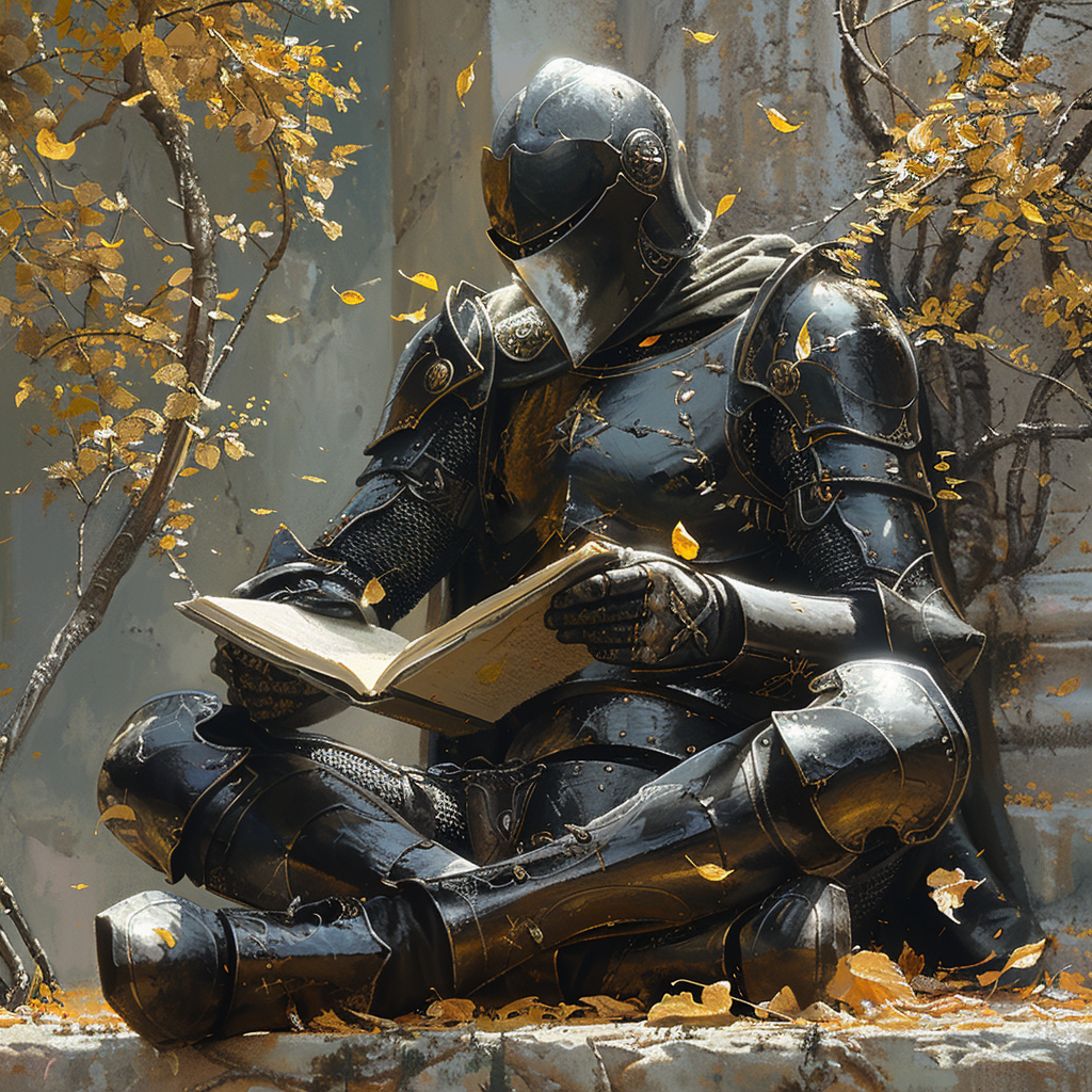 A brave knight reading a book. Fantasy books by AJ Park.